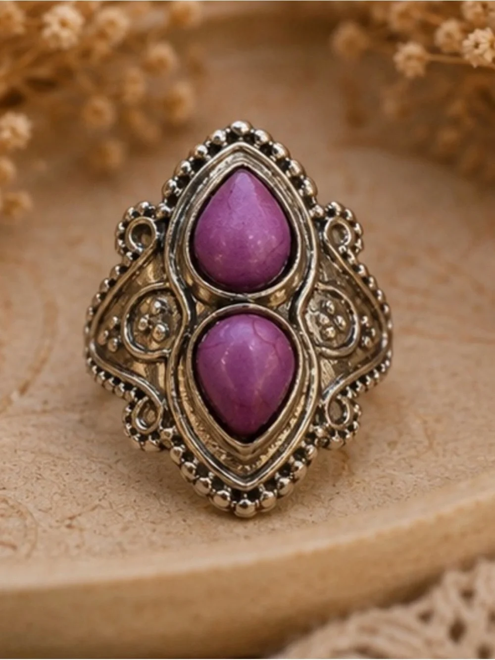 Silver Purple Stone Teardrop Statement Ring